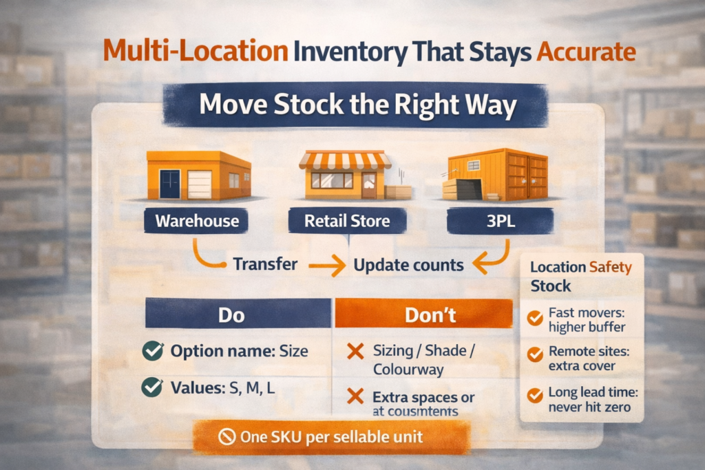 Flow diagram showing inventory moving between locations using transfers to maintain accurate stock availability