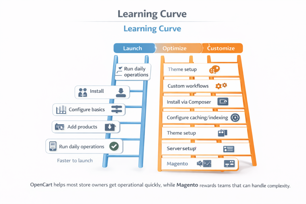 Step diagram showing different learning curves for managing a lightweight ecommerce platform versus an enterprise platform
