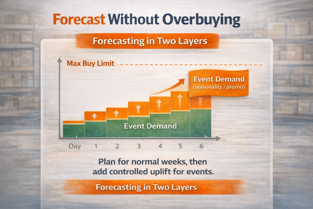 Chart showing base demand and additional event demand used together to forecast inventory needs without overbuying