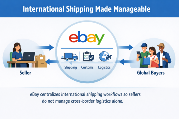 A simplified diagram showing eBay positioned at the center, connecting sellers to global buyers while handling shipping, customs, and logistics in the background.