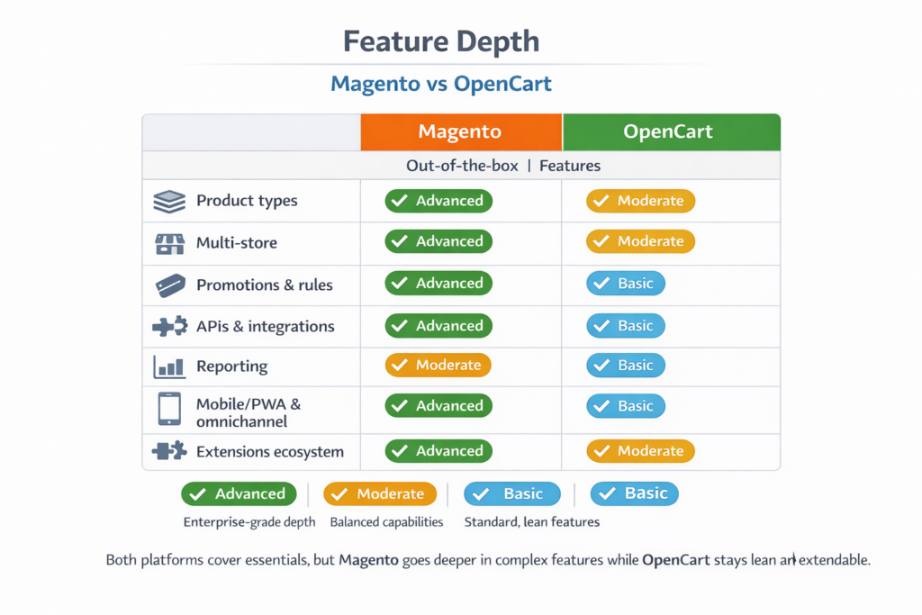 Comparison table showing differences in ecommerce features between an enterprise platform and a lightweight platform