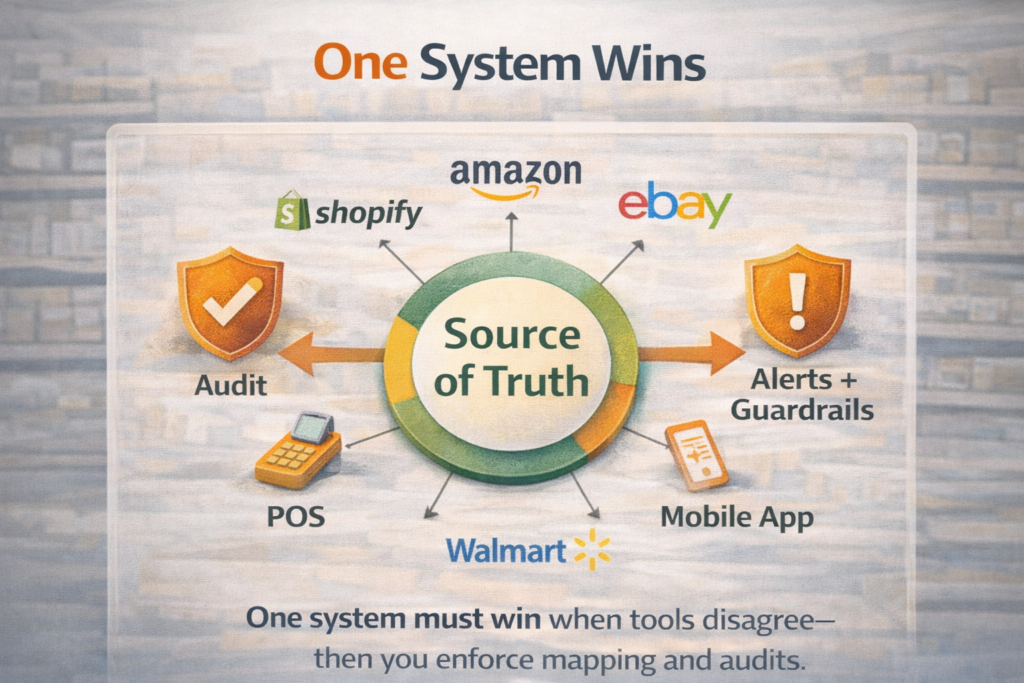 Hub diagram showing a single inventory source of truth syncing to multiple sales channels with alerts and audits