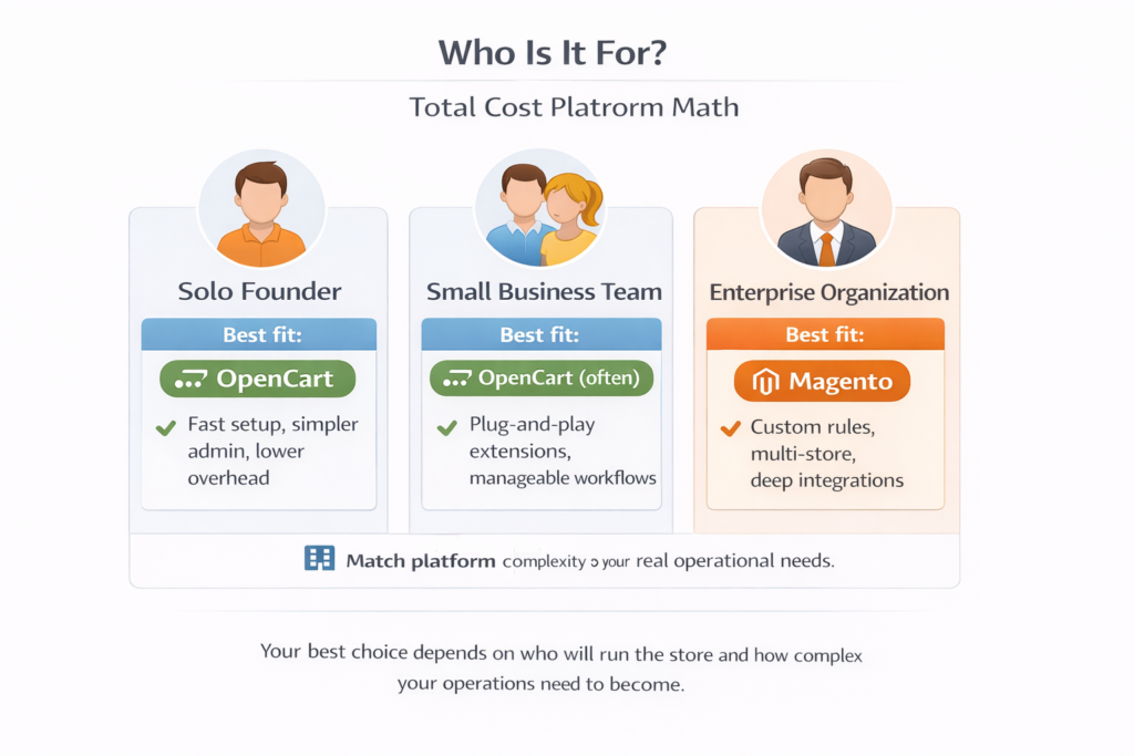 Persona chart showing which ecommerce platform fits a solo founder, small business team, or enterprise organization