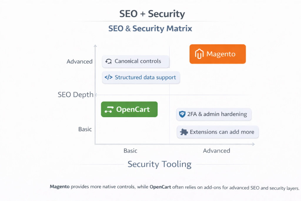 Matrix chart comparing built-in SEO and security capabilities between an enterprise ecommerce platform and a lightweight platform
