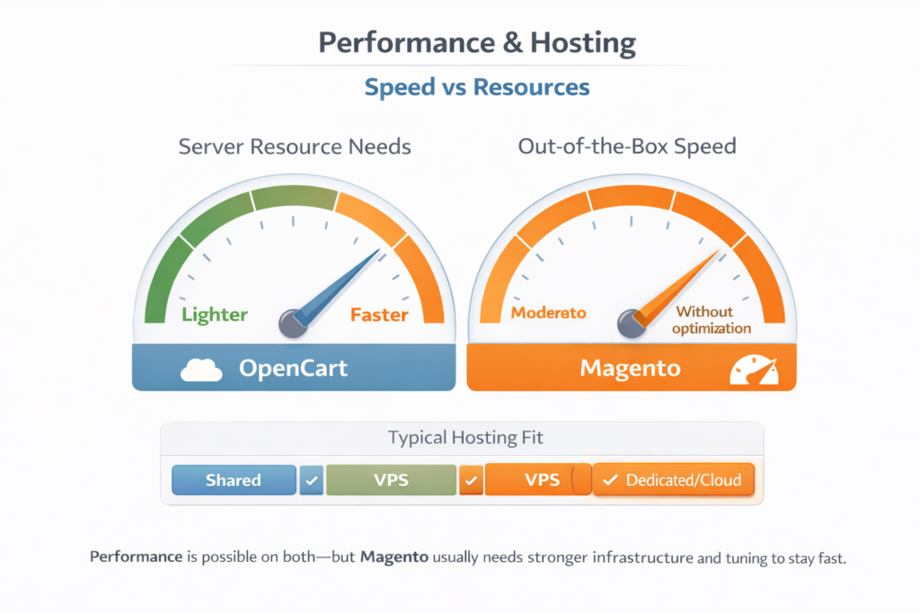 Gauge graphic comparing server resource needs and default performance for an enterprise ecommerce platform versus a lightweight platform