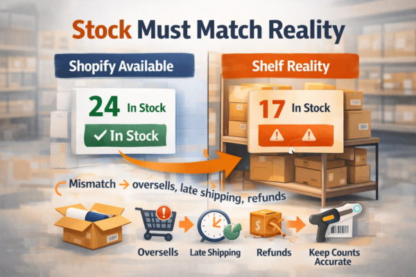 Split-screen showing Shopify stock count not matching physical shelf stock, leading to oversells and delays