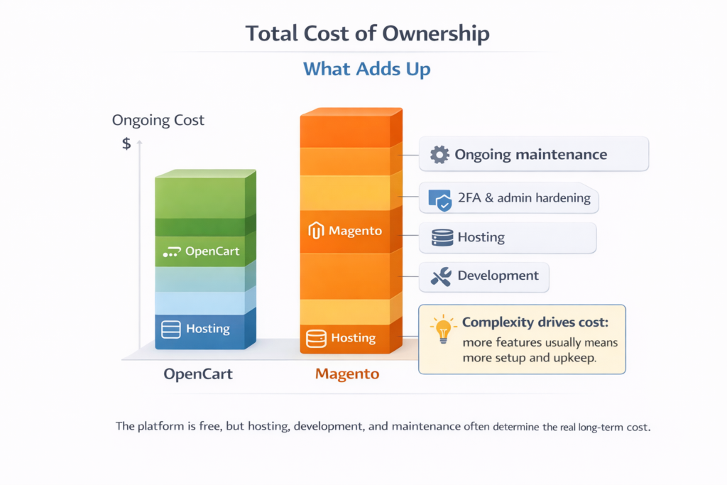 Stacked bar chart showing ecommerce platform cost categories including hosting, development, extensions, and maintenance