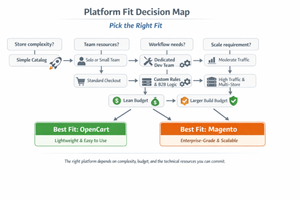Decision map showing how business needs match either a lightweight ecommerce platform or an enterprise-grade ecommerce platform