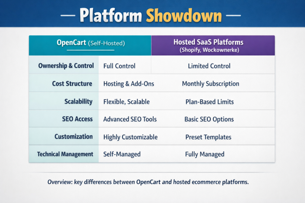Comparison table showing self-hosted vs hosted ecommerce platforms