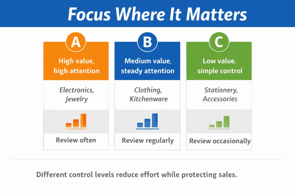 ABC analysis chart showing high, medium, and low value inventory groups and how closely each should be managed