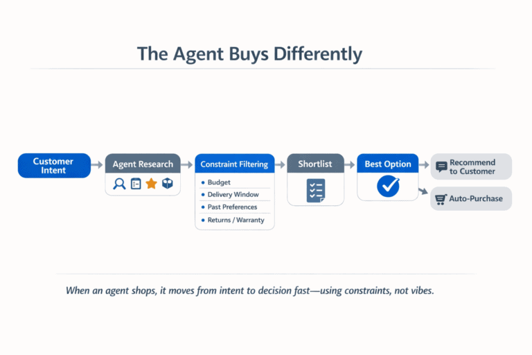 Flow diagram showing how an AI agent turns a shopping request into research, filtering, a shortlist, and a recommendation or purchase