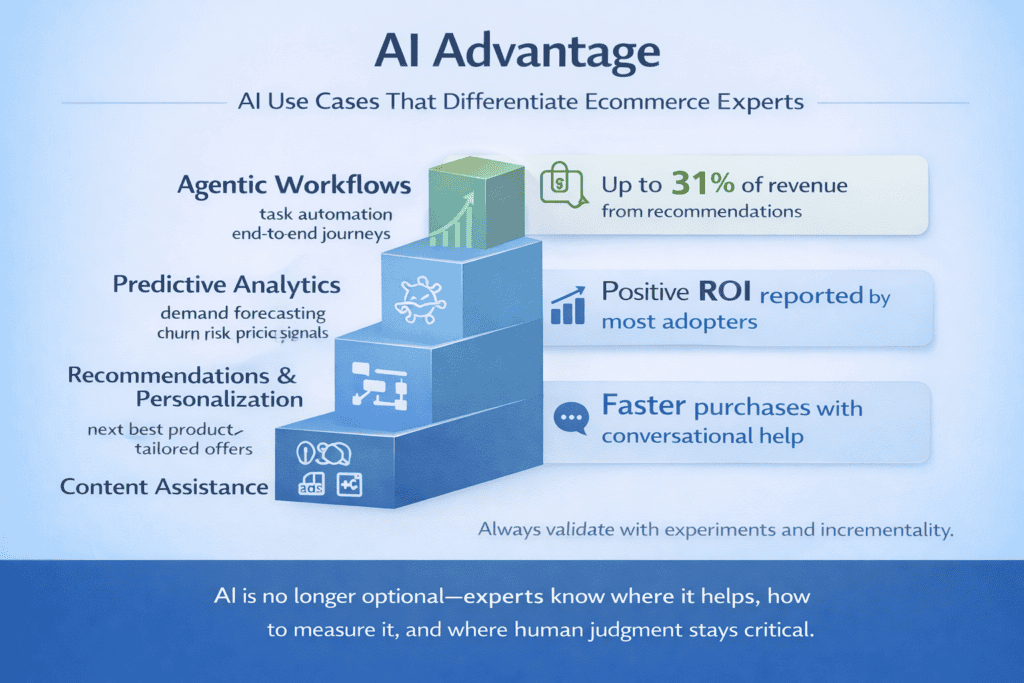 Value ladder showing AI use cases in ecommerce from basic assistance to advanced personalization and autonomous workflows