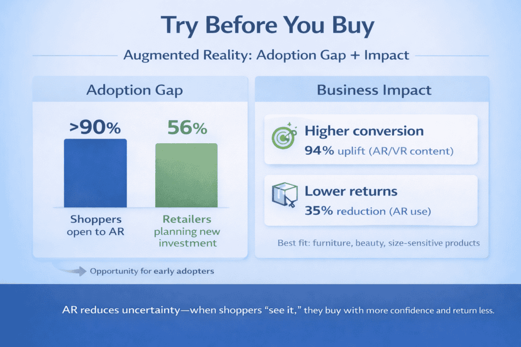 Infographic showing consumer openness to augmented reality shopping and the conversion and returns impact of AR product experiences