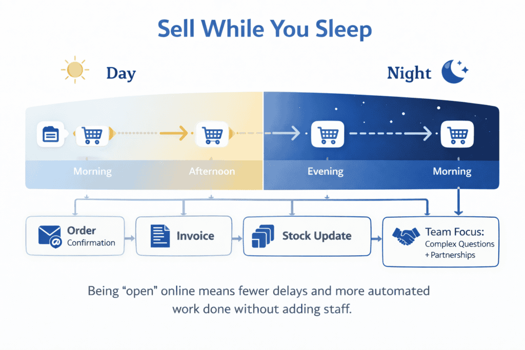 Timeline showing orders coming in around the clock while automated ecommerce tasks process them