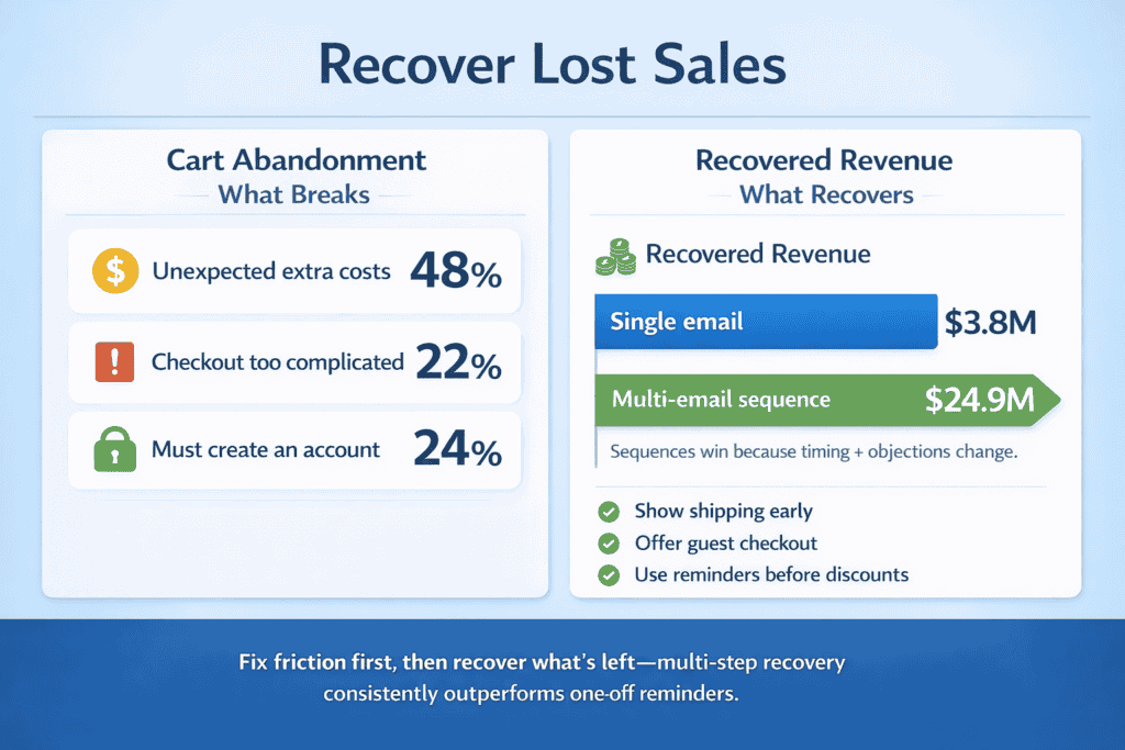 Two-panel infographic showing cart abandonment drivers and higher recovered revenue from multi-email recovery campaigns