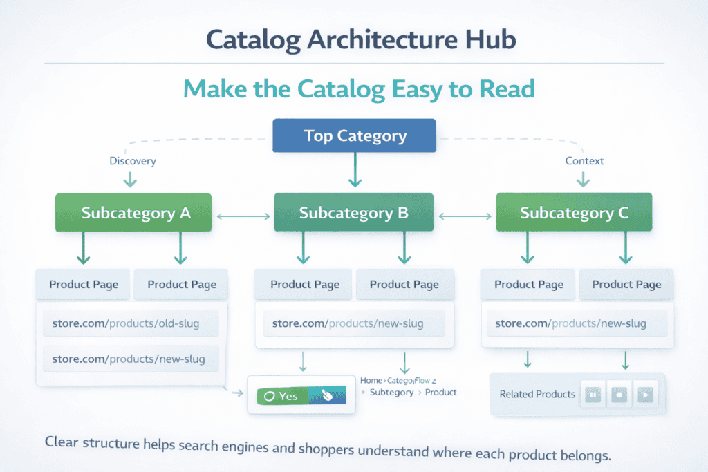 Hierarchy diagram showing categories, subcategories, and product pages connected by breadcrumbs and related links