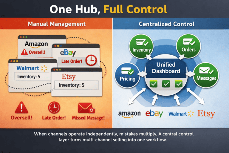 Split infographic showing disconnected marketplace dashboards versus a single central system controlling inventory, orders, pricing, and messages File Name: marketplace-chaos-vs-central-control
