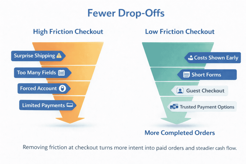 Funnel diagram showing common checkout friction points and how reducing them increases completed orders