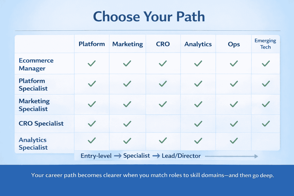 Matrix showing ecommerce career roles mapped to core skill domains such as marketing, platform, analytics, operations, and conversion optimization
