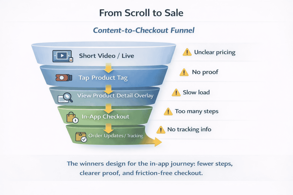 Funnel diagram showing the path from short video or live content to product tag, detail overlay, in-app checkout, and order updates with friction points