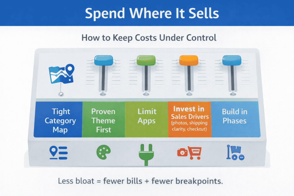 Control panel illustration showing five levers to keep ecommerce build costs under control File Name: ecommerce-cost-control-levers
