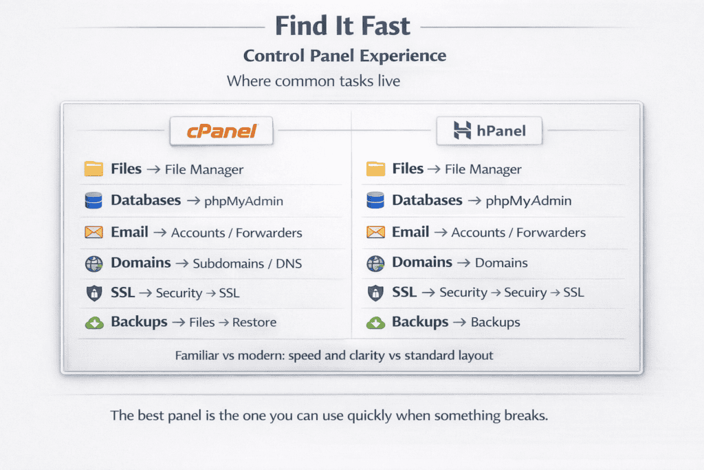Side-by-side navigation map showing where common hosting tasks are located in two different control panels