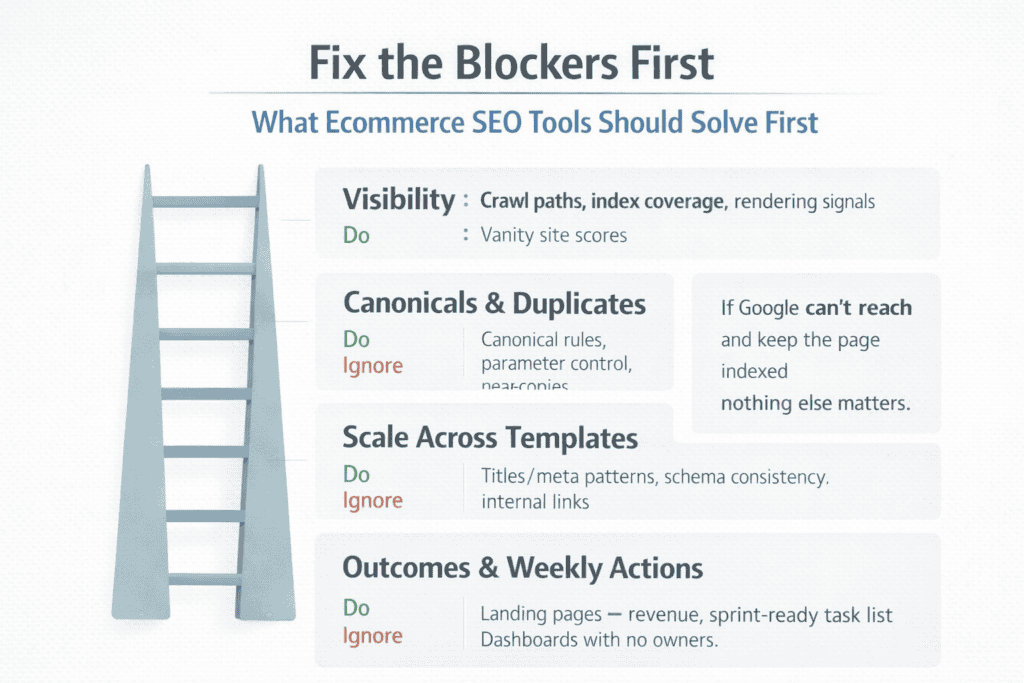 Priority ladder showing what ecommerce SEO teams should fix first before keyword expansion and content work