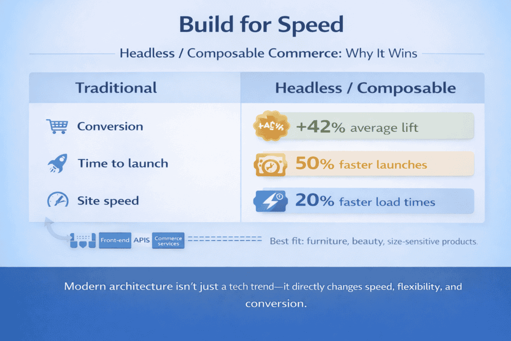 Comparison showing key benefits of headless commerce including higher conversion rates, faster launches, and faster site performance