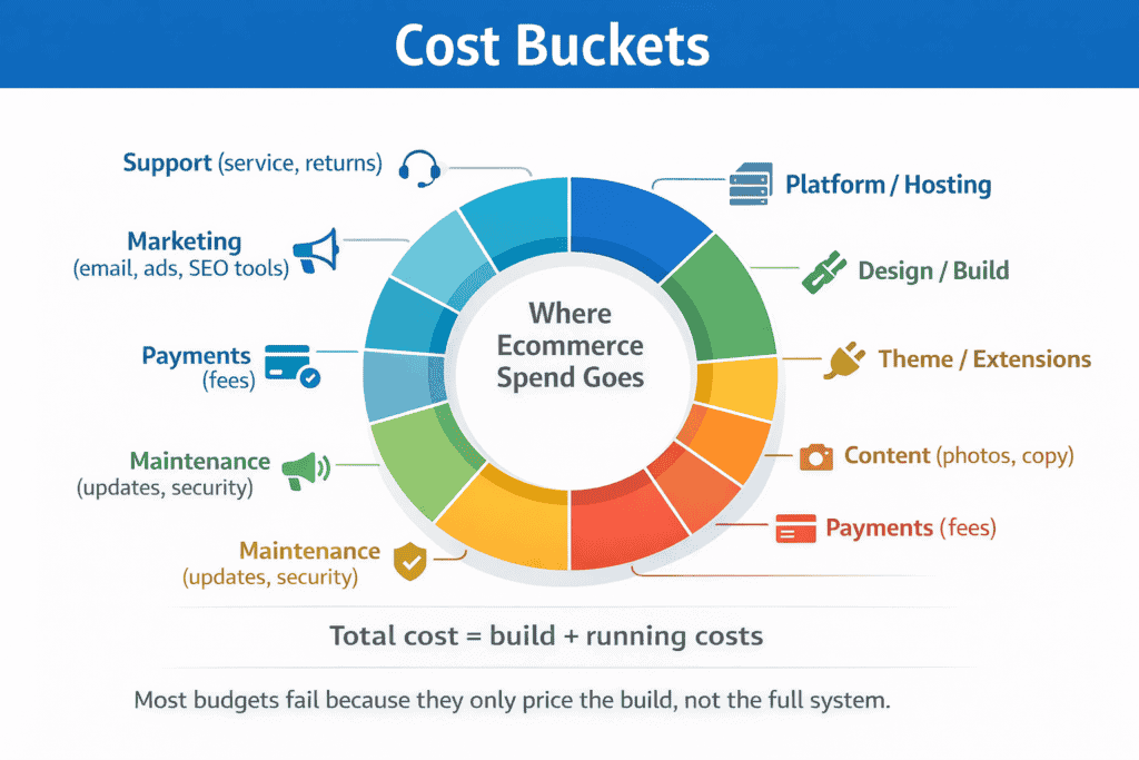 Donut chart showing the main ecommerce budget buckets like platform, design, extensions, content, payments, and maintenance