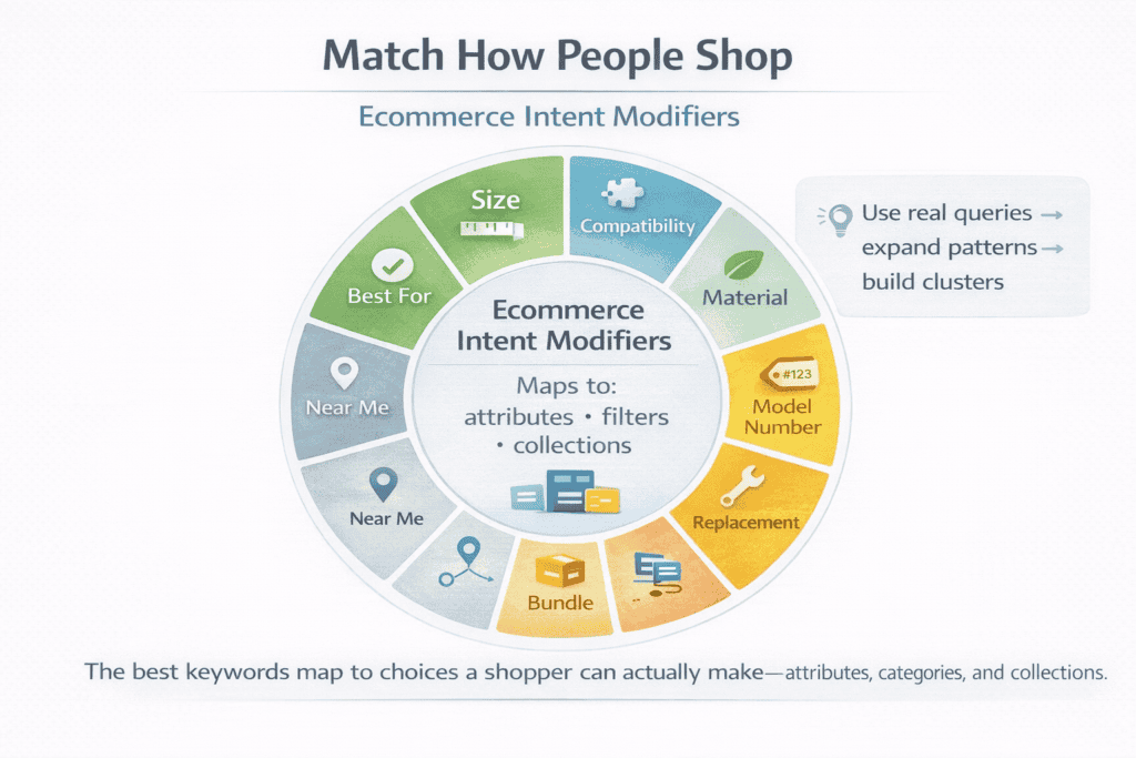 Wheel showing common shopping intent modifiers that help map keywords to product attributes and collections