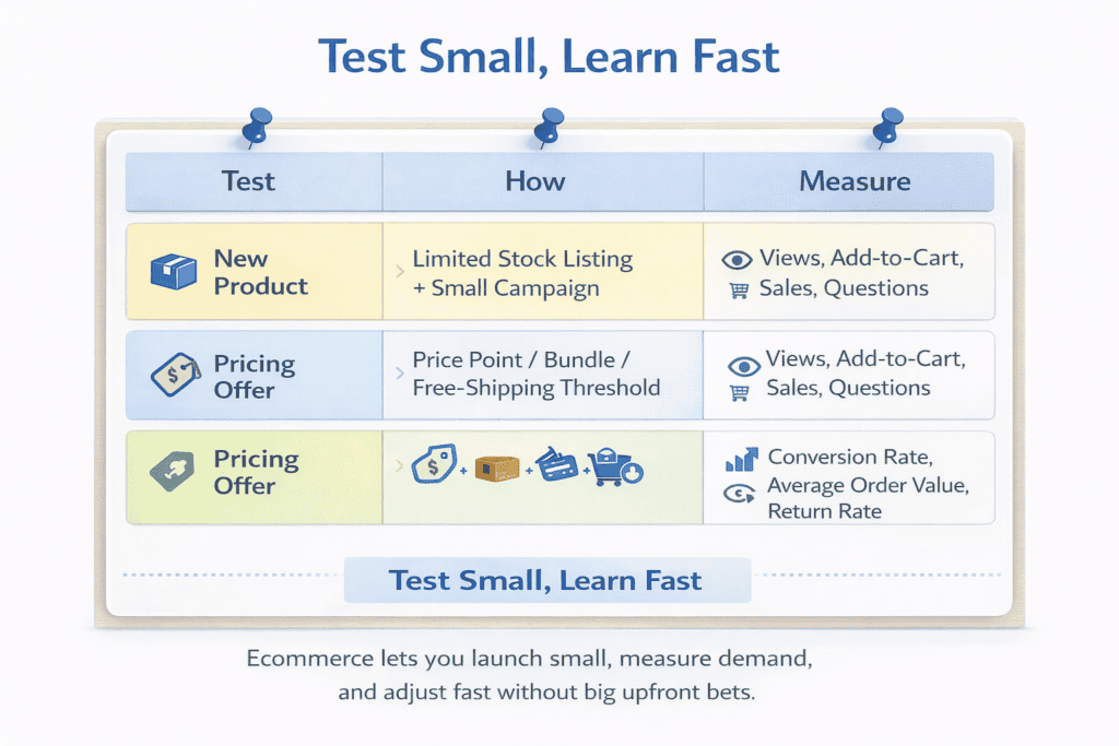 Experiment board showing how to test new products and pricing with small batches and clear outcome metrics