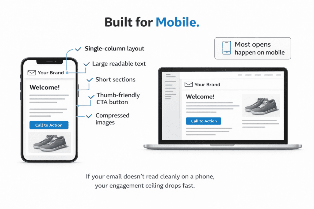 Side-by-side mobile and desktop email layouts highlighting mobile-friendly design elements like readable text and tap-ready buttons
