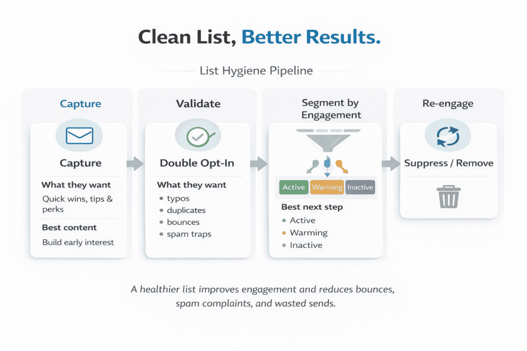 Flow diagram showing list hygiene steps from signup and verification to validation, segmentation, re-engagement, and removal