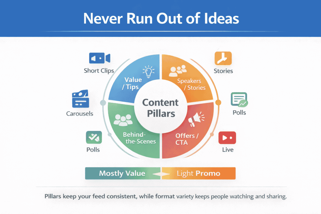 Diagram showing event content pillars, recommended post formats, and a value versus promotion balance