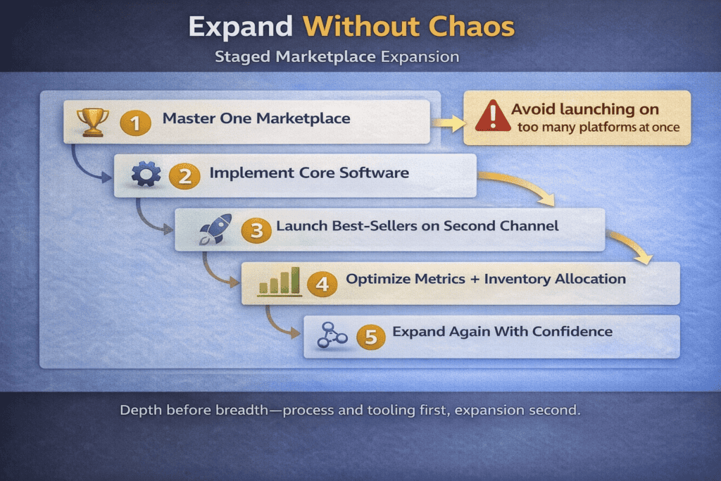 Roadmap showing a staged approach to expanding from one marketplace to multiple platforms with systems in place