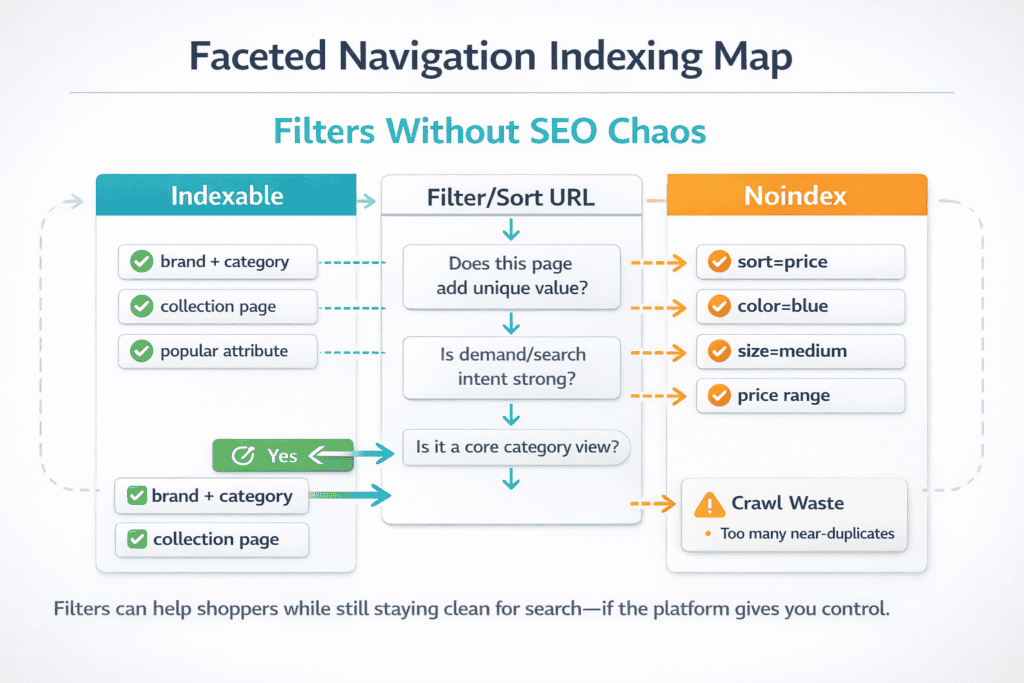 Decision map showing which filter and sort pages should be indexed and which should be kept out of search results