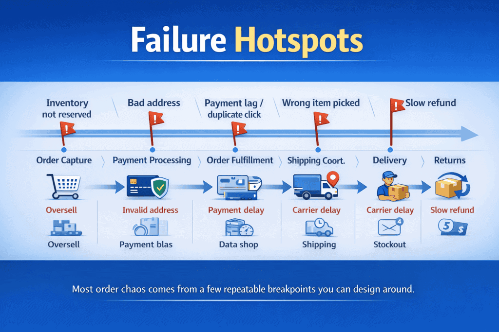 Timeline showing common failure points in order processing and what goes wrong at each stage