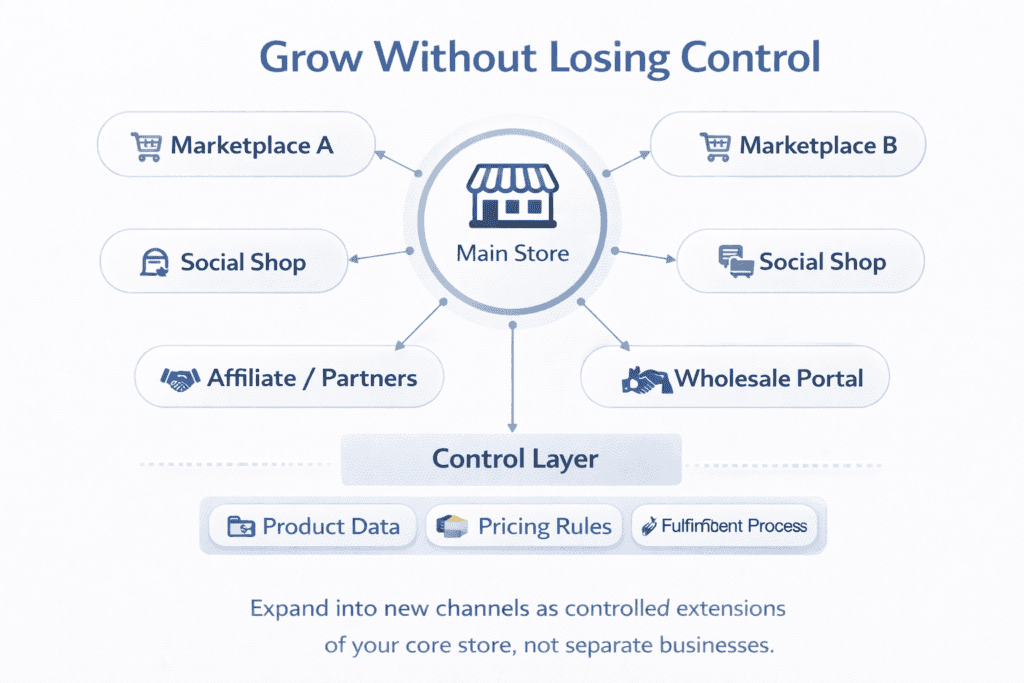 Hub-and-spoke diagram showing a main online store feeding multiple sales channels while keeping operations consistent