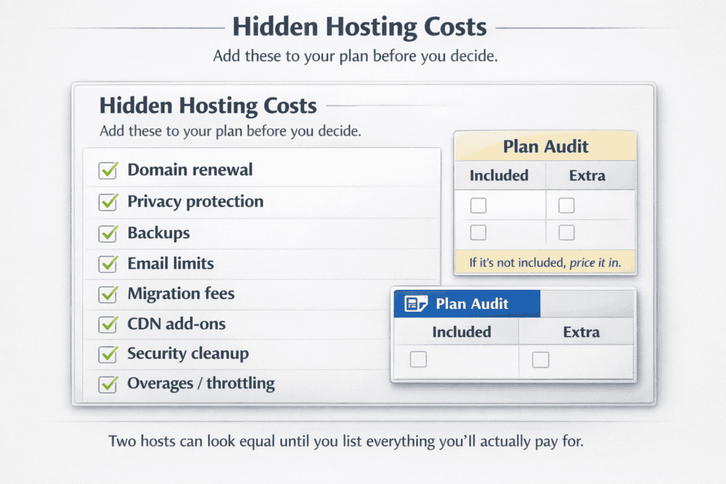 Checklist infographic of common hidden costs that can increase the total price of web hosting