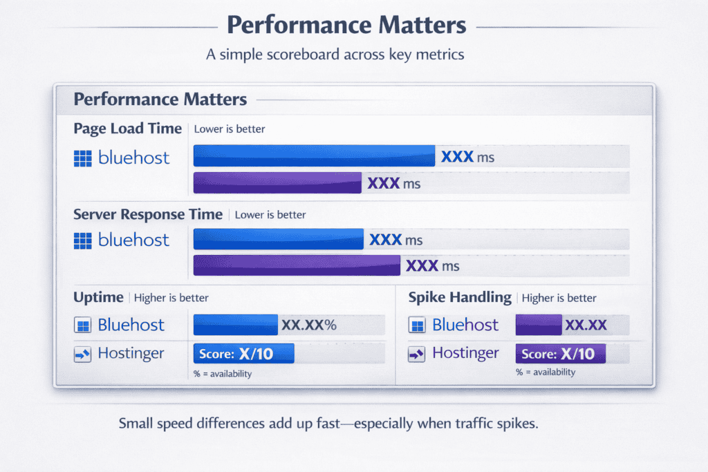 Performance dashboard comparing page load time, server response time, uptime, and spike handling between two hosting services