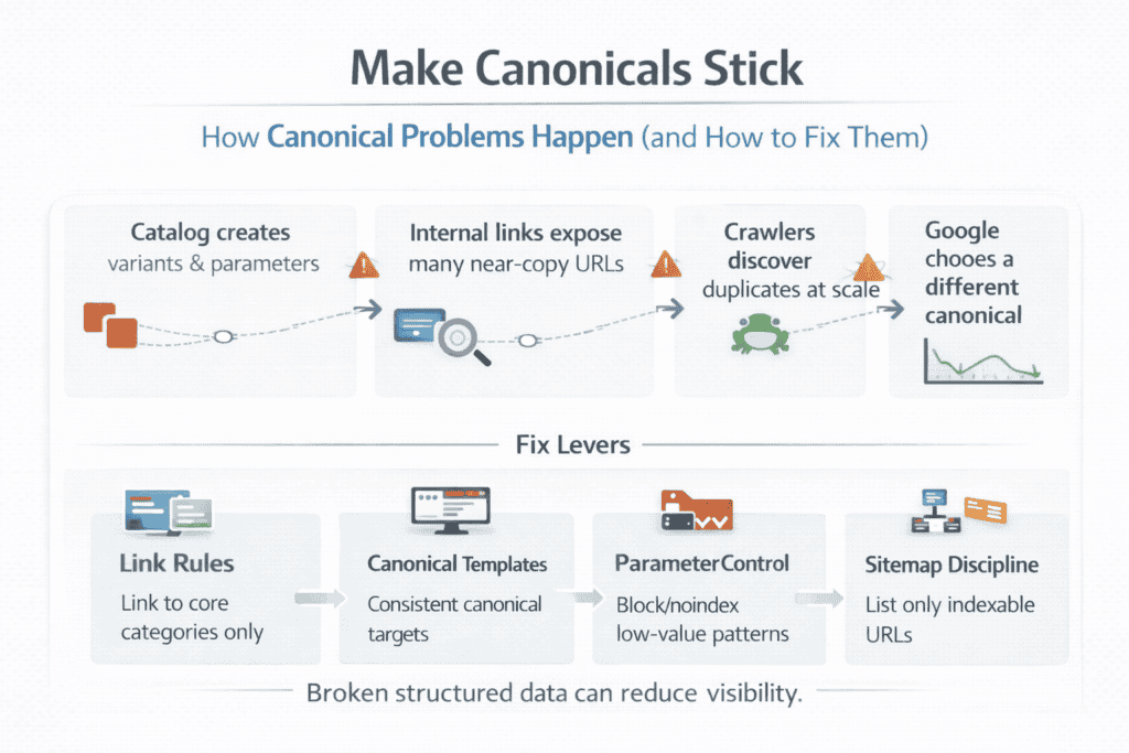 Flow diagram showing how internal links and parameters can cause incorrect canonical selection and duplicate pages