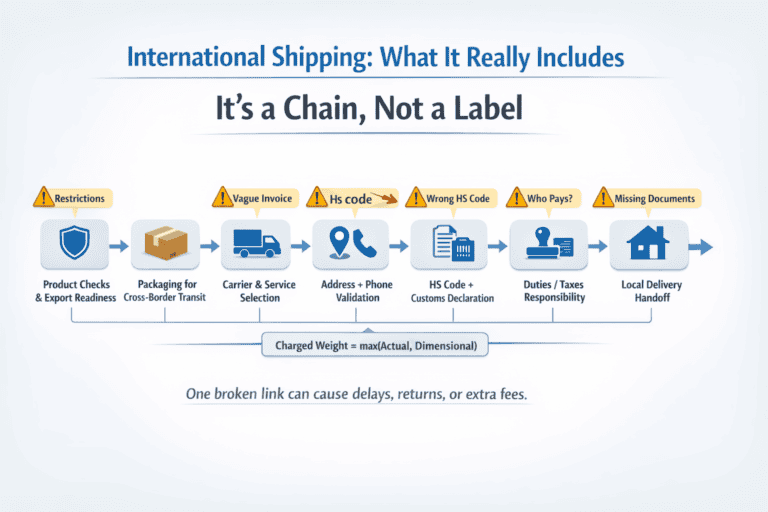 Flow diagram showing the full international shipping process from product checks to customs clearance and last-mile delivery