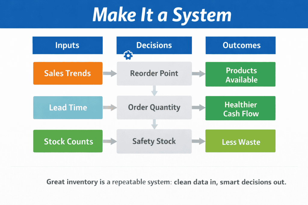Diagram showing inventory inputs feeding reorder and safety stock decisions that improve availability and reduce waste