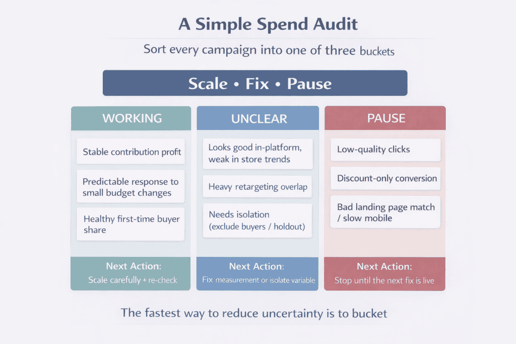 Kanban-style board showing marketing spend sorted into working, unclear, and pause categories with next actions