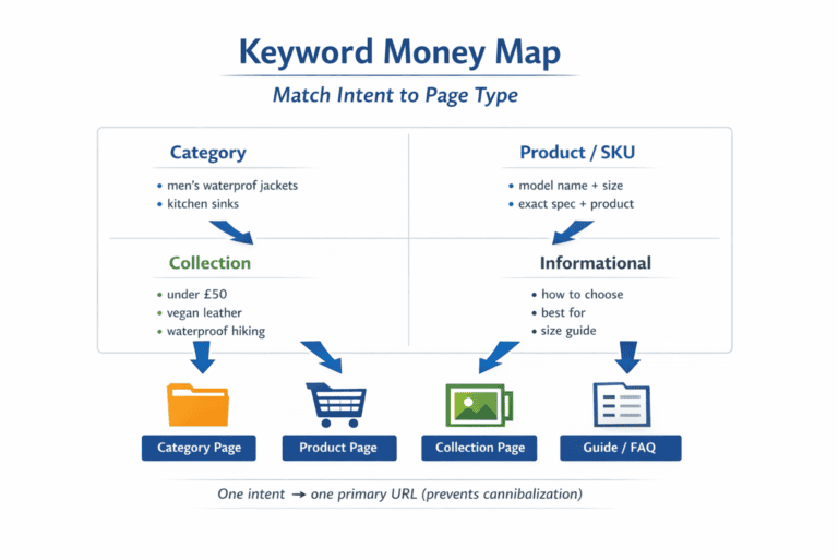 Four-quadrant map grouping search queries into category, product, collection, and informational with arrows to matching page types