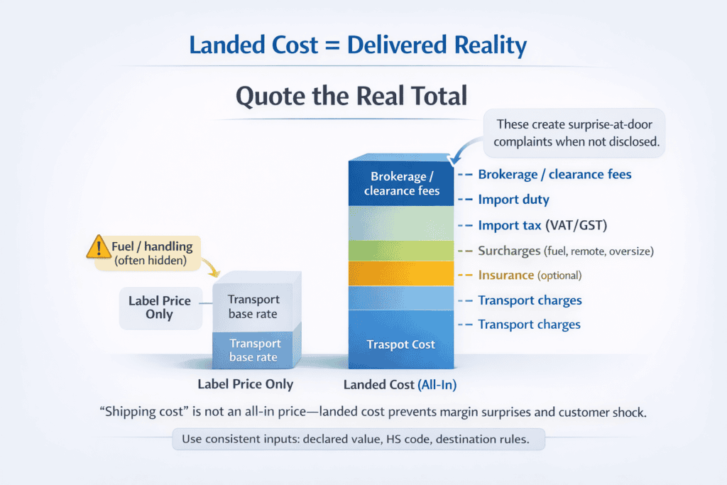 Three-panel infographic showing that international shipping must move the parcel, verify the goods, and assign who pays import charges