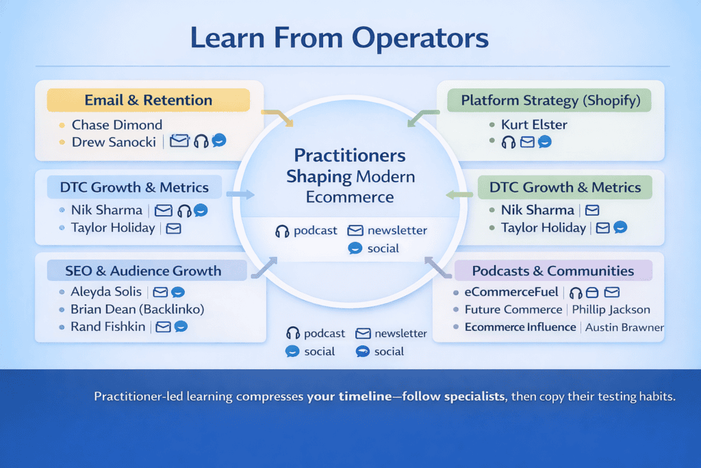 Map grouping well-known ecommerce practitioners by specialty areas such as email marketing, platform strategy, growth metrics, and SEO