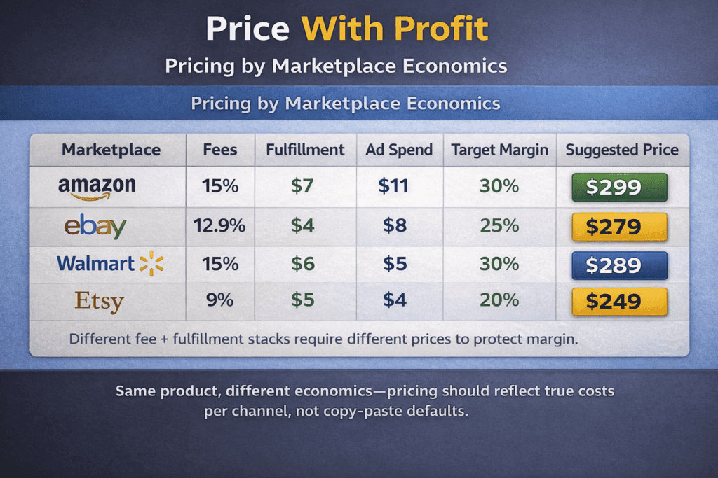 Comparison table showing how marketplace fees and fulfillment costs change the profitable price per platform