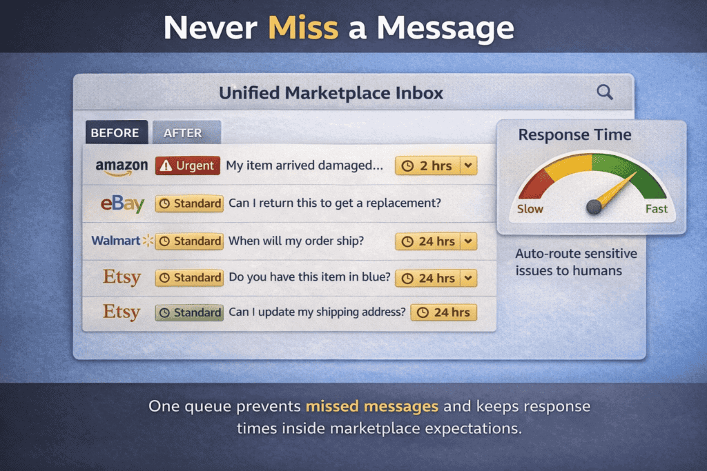 Unified inbox mock showing customer messages from multiple marketplaces with priority tags and response targets