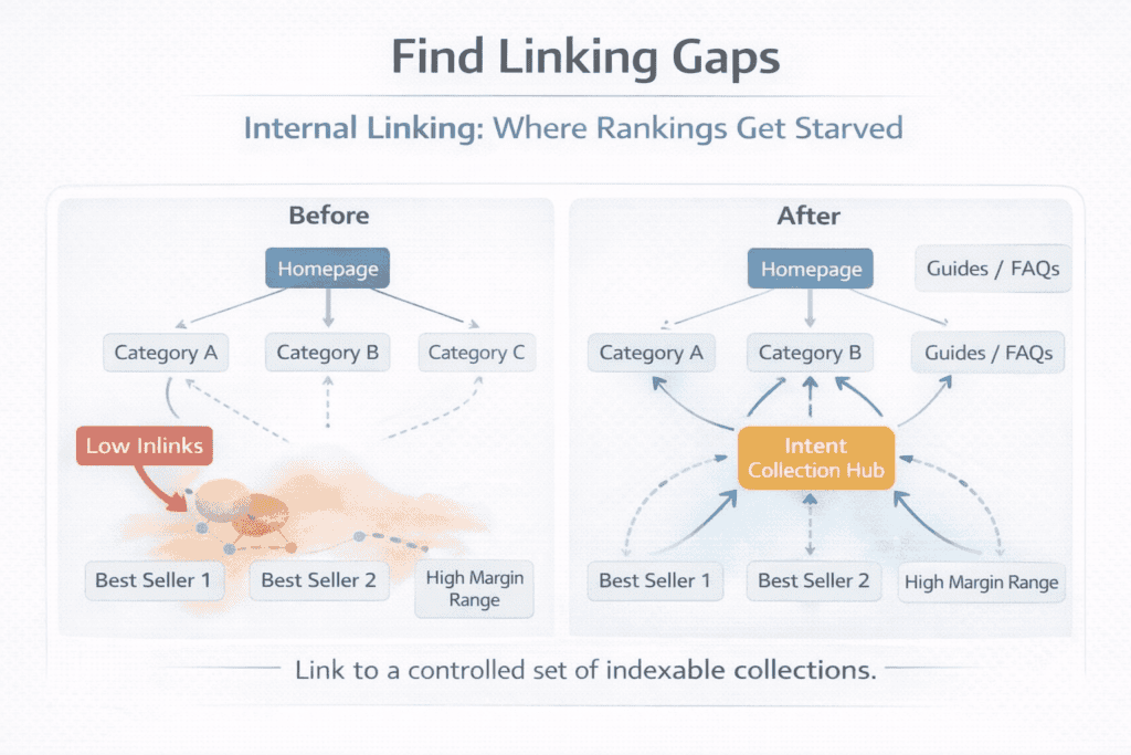 Link graph showing important categories and best sellers with gaps where pages have too few internal links